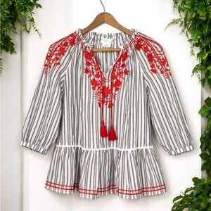 Kate Spade Broome Street Embroidered Striped Peasant Blouse Tassel Top XS